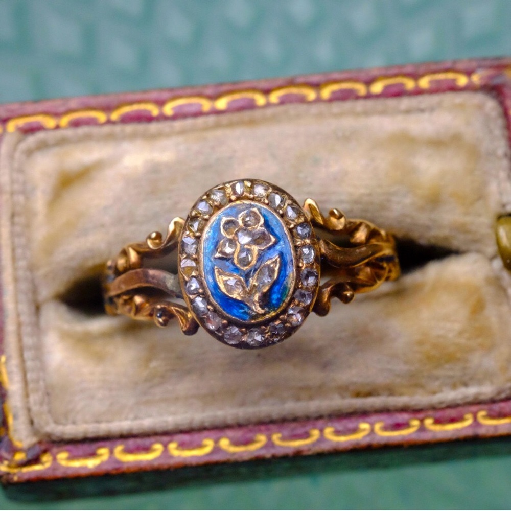 19th century 15k Gold Forget Me Not Diamond & Blue Enamel Ring
